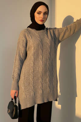 Örgü Kabartmalı Yumoş Triko Tunik Gri - 300-500 TL Ürünler
