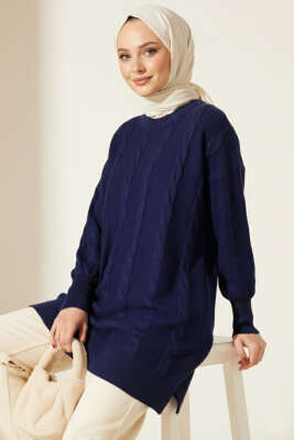 Örgü Kabartmalı Yumoş Triko Tunik Lacivert - Tunik