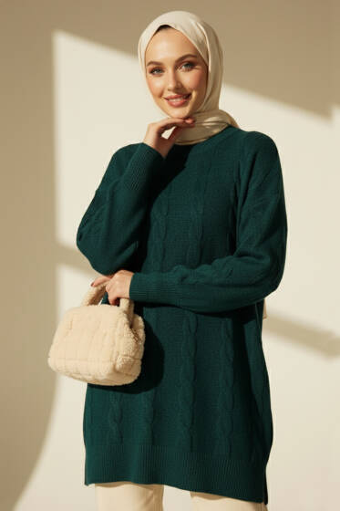 Örgü Kabartmalı Yumoş Triko Tunik Nefti - Tunik