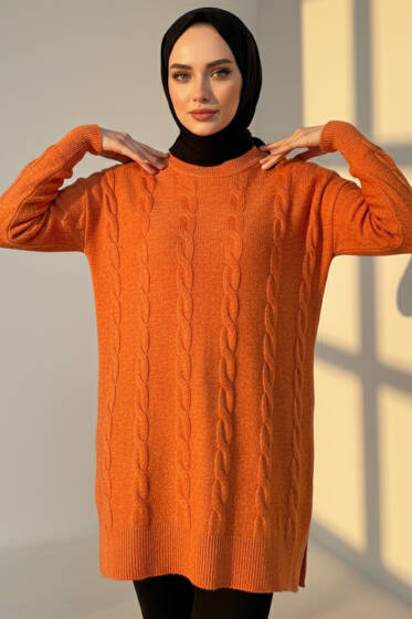 Örgü Kabartmalı Yumoş Triko Tunik Oranj - Tunik