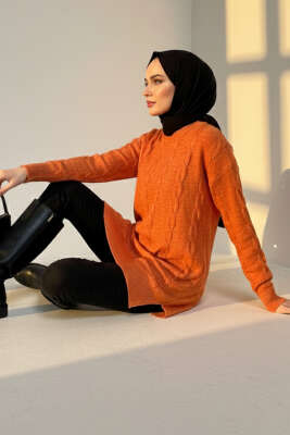 Örgü Kabartmalı Yumoş Triko Tunik Oranj - Tunik