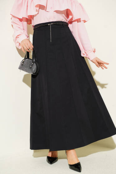 Örgü Kemerli Çımalı Etek Siyah - Etek