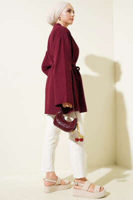 Örgü Kemerli Kimono Bordo - Dış Giyim&Mont