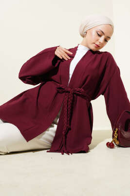 Örgü Kemerli Kimono Bordo 