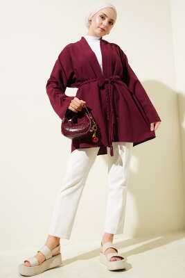 Örgü Kemerli Kimono Bordo - Dış Giyim&Mont