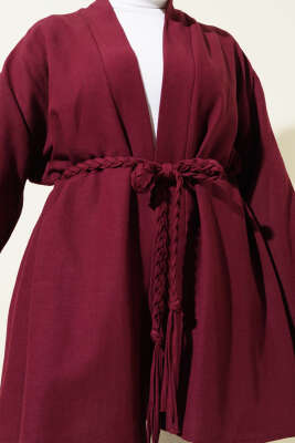 Örgü Kemerli Kimono Bordo - Dış Giyim&Mont