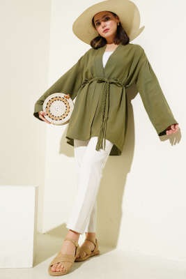 Örgü Kemerli Kimono Haki - Dış Giyim&Mont