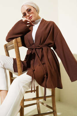 Örgü Kemerli Kimono Kahve 