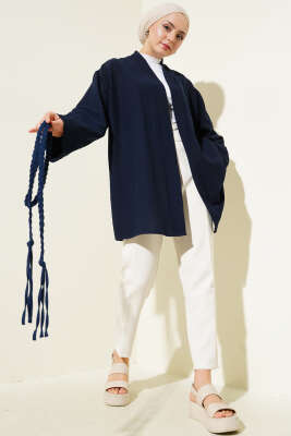Örgü Kemerli Kimono Lacivert - Dış Giyim&Mont