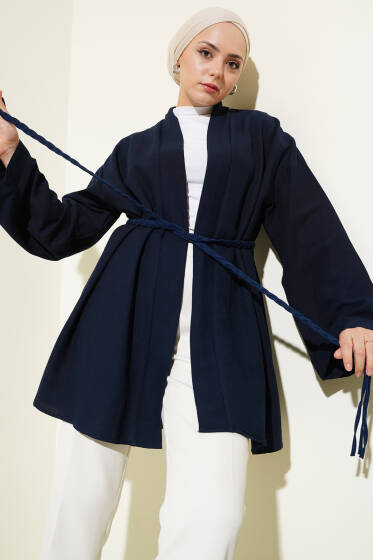 Örgü Kemerli Kimono Lacivert - Dış Giyim&Mont