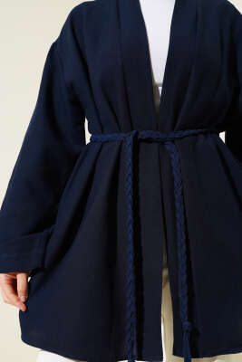 Örgü Kemerli Kimono Lacivert - Dış Giyim&Mont