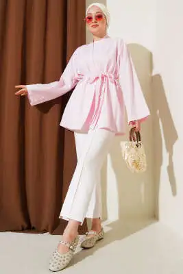 Örgü Kemerli Kimono Pembe 
