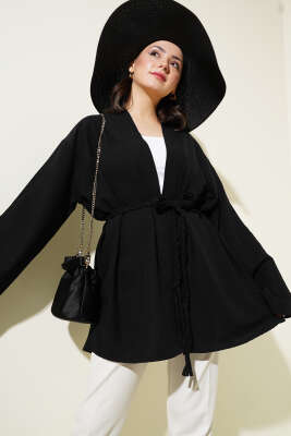 Örgü Kemerli Kimono Siyah 