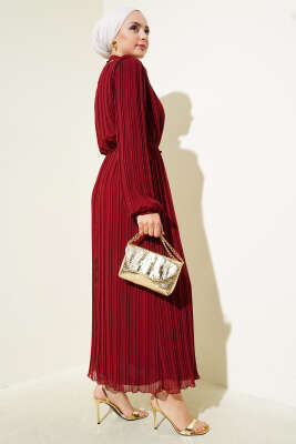 Örgü Kuşaklı Pileli Şifon Elbise Bordo - Tesettür Elbise
