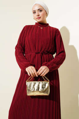 Örgü Kuşaklı Pileli Şifon Elbise Bordo - Tesettür Elbise
