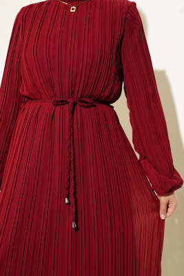 Örgü Kuşaklı Pileli Şifon Elbise Bordo - Tesettür Elbise