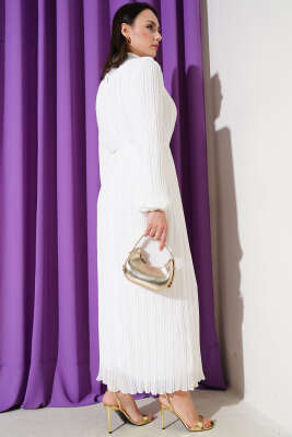 Örgü Kuşaklı Pileli Şifon Elbise Ekru - Tesettür Elbise