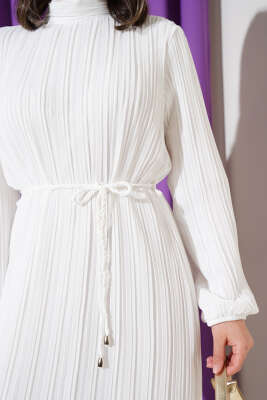 Örgü Kuşaklı Pileli Şifon Elbise Ekru - Tesettür Elbise