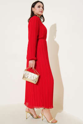 Örgü Kuşaklı Pileli Şifon Elbise Kırmızı - Tesettür Elbise