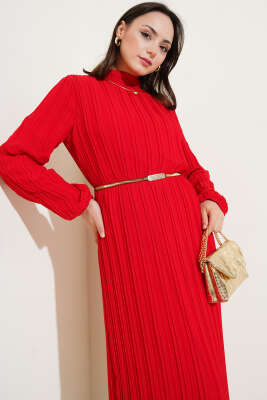 Örgü Kuşaklı Pileli Şifon Elbise Kırmızı - Tesettür Elbise