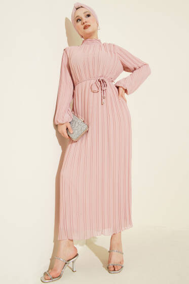 Örgü Kuşaklı Pileli Şifon Elbise Pudra - Elbise