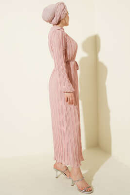 Örgü Kuşaklı Pileli Şifon Elbise Pudra - Elbise