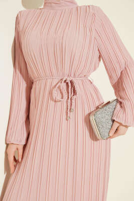 Örgü Kuşaklı Pileli Şifon Elbise Pudra - Elbise