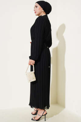 Örgü Kuşaklı Pileli Şifon Elbise Siyah - Tesettür Elbise
