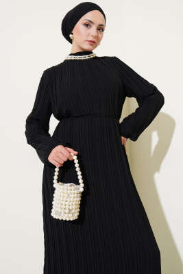 Örgü Kuşaklı Pileli Şifon Elbise Siyah - Tesettür Elbise