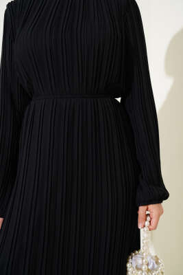 Örgü Kuşaklı Pileli Şifon Elbise Siyah - Tesettür Elbise