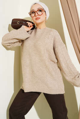 Örgü Şeritli Triko Tunik Bej 