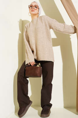 Örgü Şeritli Triko Tunik Bej - Tunik