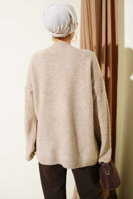 Örgü Şeritli Triko Tunik Bej - Tunik