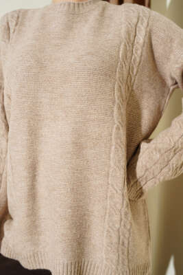 Örgü Şeritli Triko Tunik Bej - Tunik