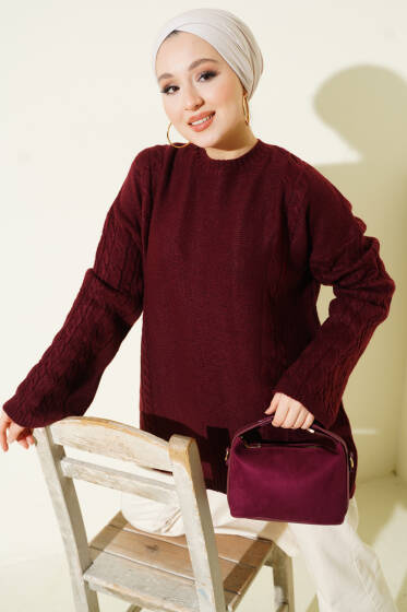 Örgü Şeritli Triko Tunik Bordo - Tunik