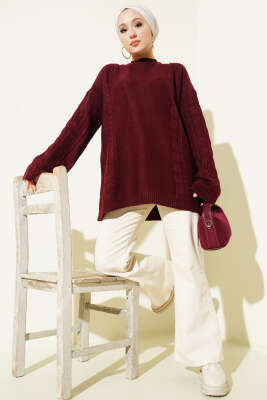 Örgü Şeritli Triko Tunik Bordo - Tunik