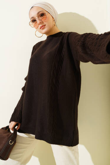 Örgü Şeritli Triko Tunik Siyah - Tunik