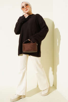 Örgü Şeritli Triko Tunik Siyah - Tunik