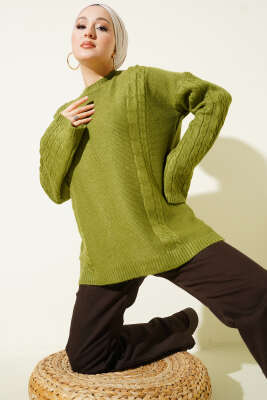 Örgü Şeritli Triko Tunik Zeytin Yeşili - VANİZA TRİKO