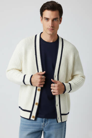 Örgü Triko Hırka Krem - Erkek Hırka