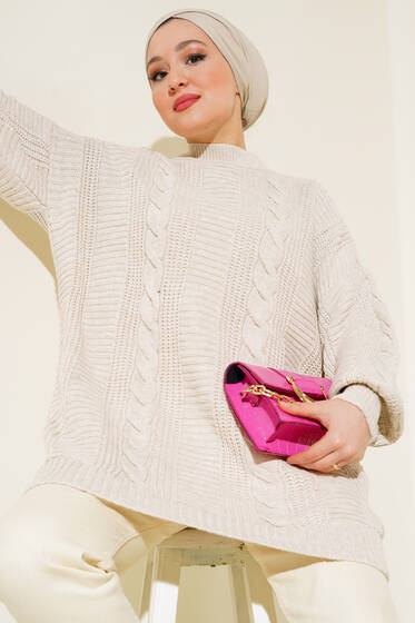 Örgü Triko Tunik Bej - Kazak