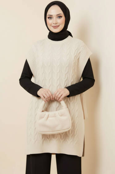 Örgü Yandan Bağlamalı Triko Süveter Bej - Triko