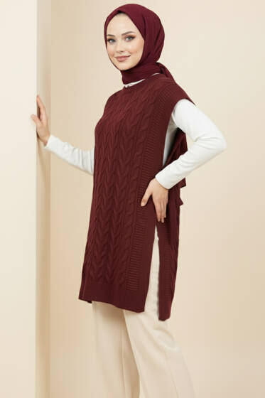 Örgü Yandan Bağlamalı Triko Süveter Bordo - Triko