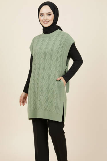 Örgü Yandan Bağlamalı Triko Süveter Çağla Yeşili - Triko