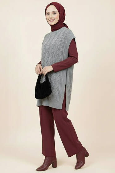 Örgü Yandan Bağlamalı Triko Süveter Gri - Triko
