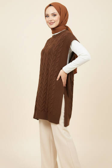 Örgü Yandan Bağlamalı Triko Süveter Kahve - Triko