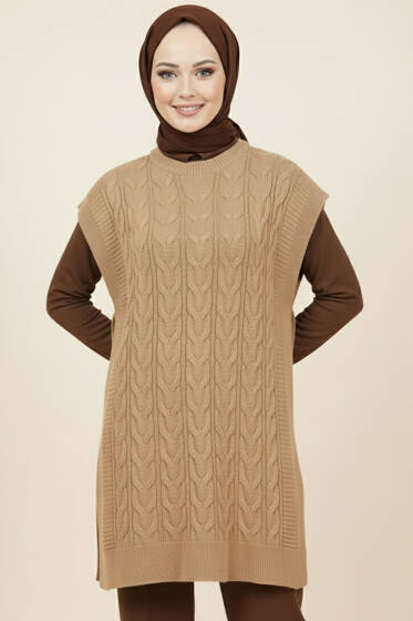 Örgü Yandan Bağlamalı Triko Süveter Latte - Triko