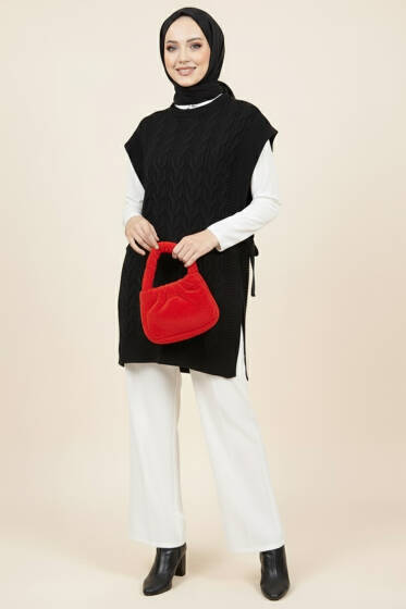 Örgü Yandan Bağlamalı Triko Süveter Siyah - Triko