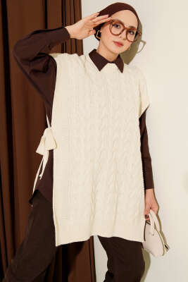 Örgü Yandan Bağlamalı Triko Süveter Taş - KILIÇ TRİKO