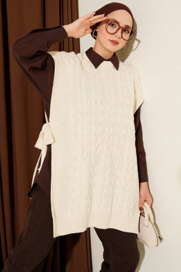 Örgü Yandan Bağlamalı Triko Süveter Taş - Triko
